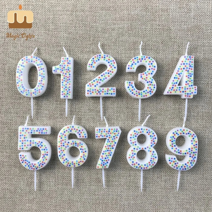 Cute Novelty White Number Birthday Candle with Star Print Paraffin Wax Handmade