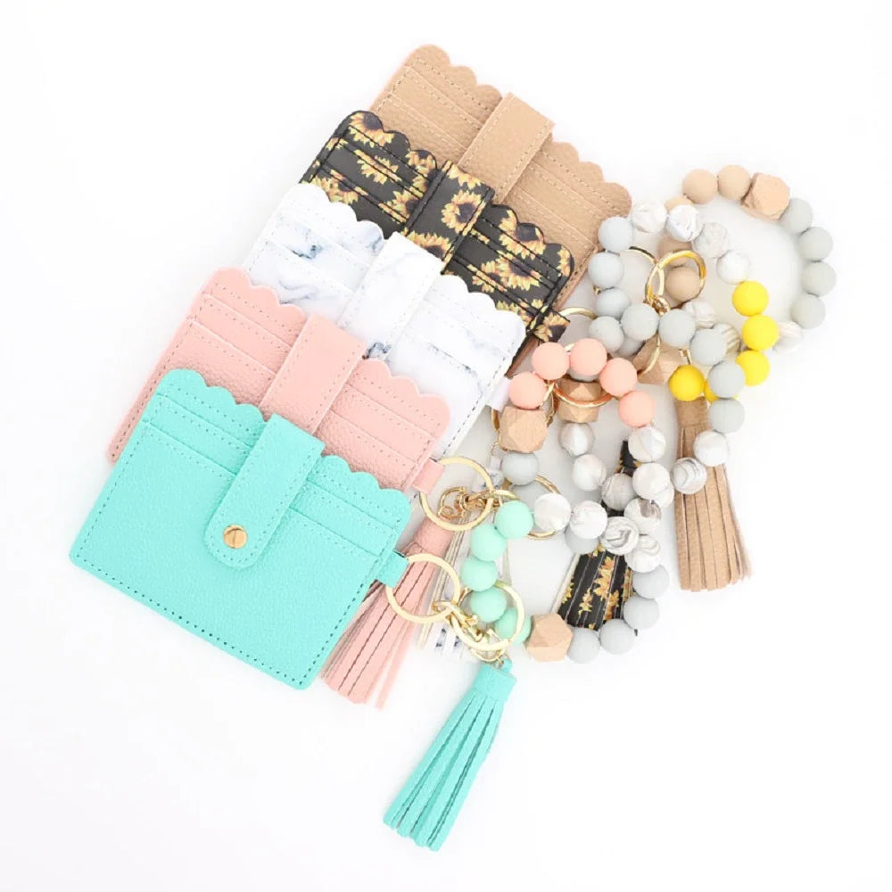 2025 New Fashion Silicone Beaded Bangle Bracelets Key Rings Card Holder Wallets Leather Tassel Keychains