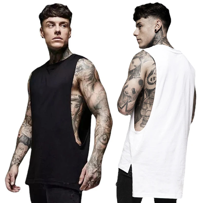 Custom Extend Long Cotton Drop Shoulder Open Side Men's Gym Bodybuilding Fitness Running tank Top