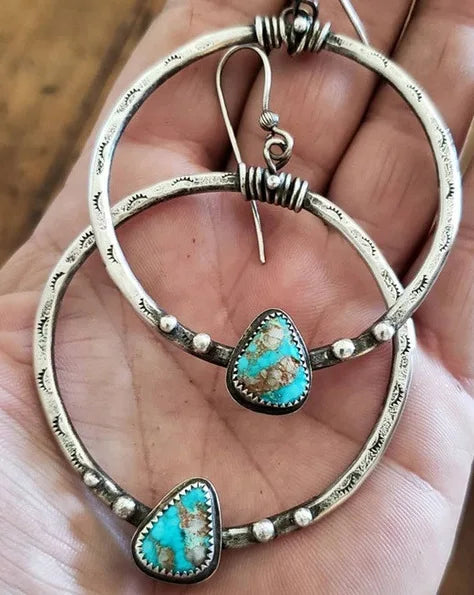 Exaggerated Big Ring Silver Dangle Earring for Women  Large Circle Eyelash Print Teardrop Turquoise Drop Earring