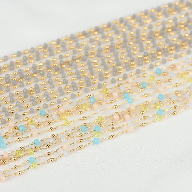 Wholesale Handmade Bulk Chain Roll 14K Gold Plated Brass With Crystal Stone Beads Rosary Jewelry Making Chain Accessories
