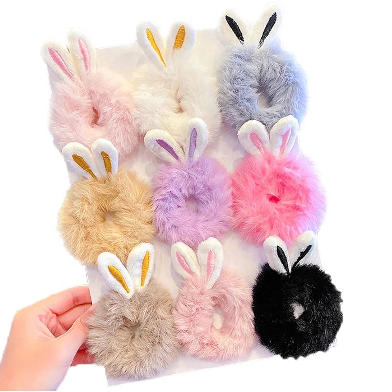 MIO Korean Cute Bunny Ears Fluffy Hair Tie Accessory Rabbit Rubber Band Scrunchies for Women Lady Kids