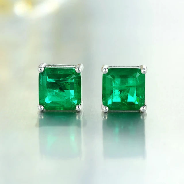 White Gold Plated Classic Stud Earrings Dark Green Emerald Stone White Metal Elegant Green Emerald Dark Green Stud Earrings