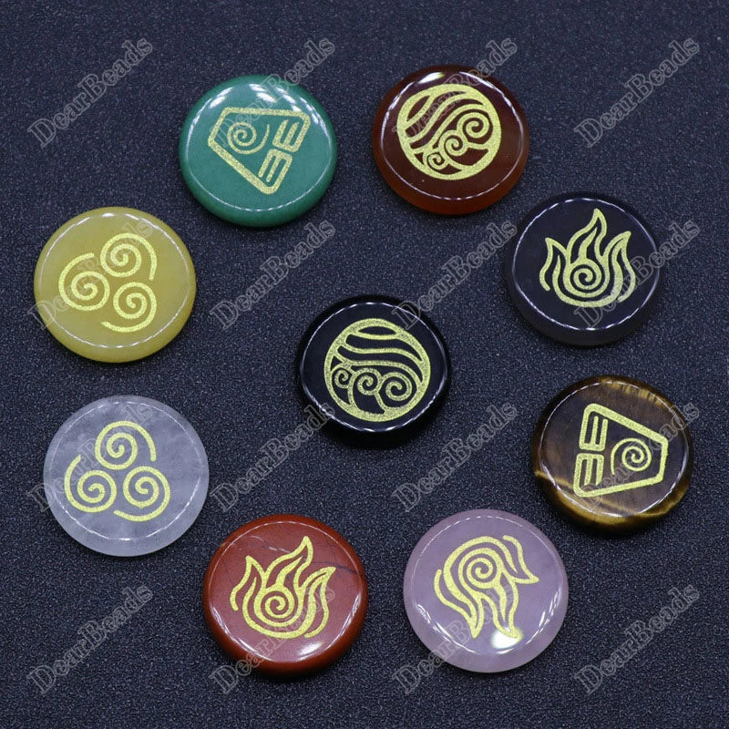 Classical 4 Flour Elements Sigils on Flat Round Natural Stone Gemstone Set for Balancing and Healing Water Fire Earth Air