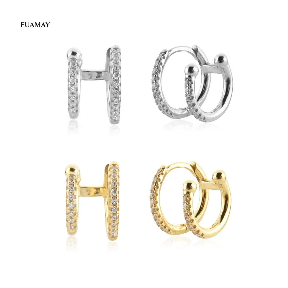 FUAMAY 2021 Women's Double CZ Zirconia Micro Paved Hoop Huggies Earrings Sterling Silver 925 Gold Plated Zircon Elegant Jewelry