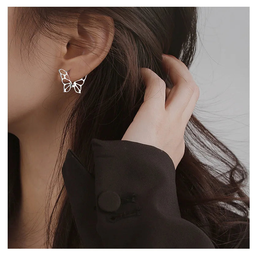 Statement Korean 925 Sterling Silver Hollow Butterfly Hoop Earrings for Women