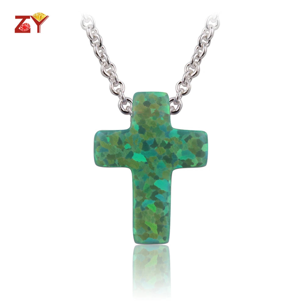 Op11 China Fashion Jewelry Cross Shape Necklace Synthetic Gemstones Opal Pendant Necklace