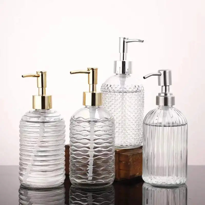 400ml 500ml Glass Bottle with Spray Pump Screw Cap Hand Soap Lotion Foam Dispenser Vertical Stripes Design for Liquid Soap Use