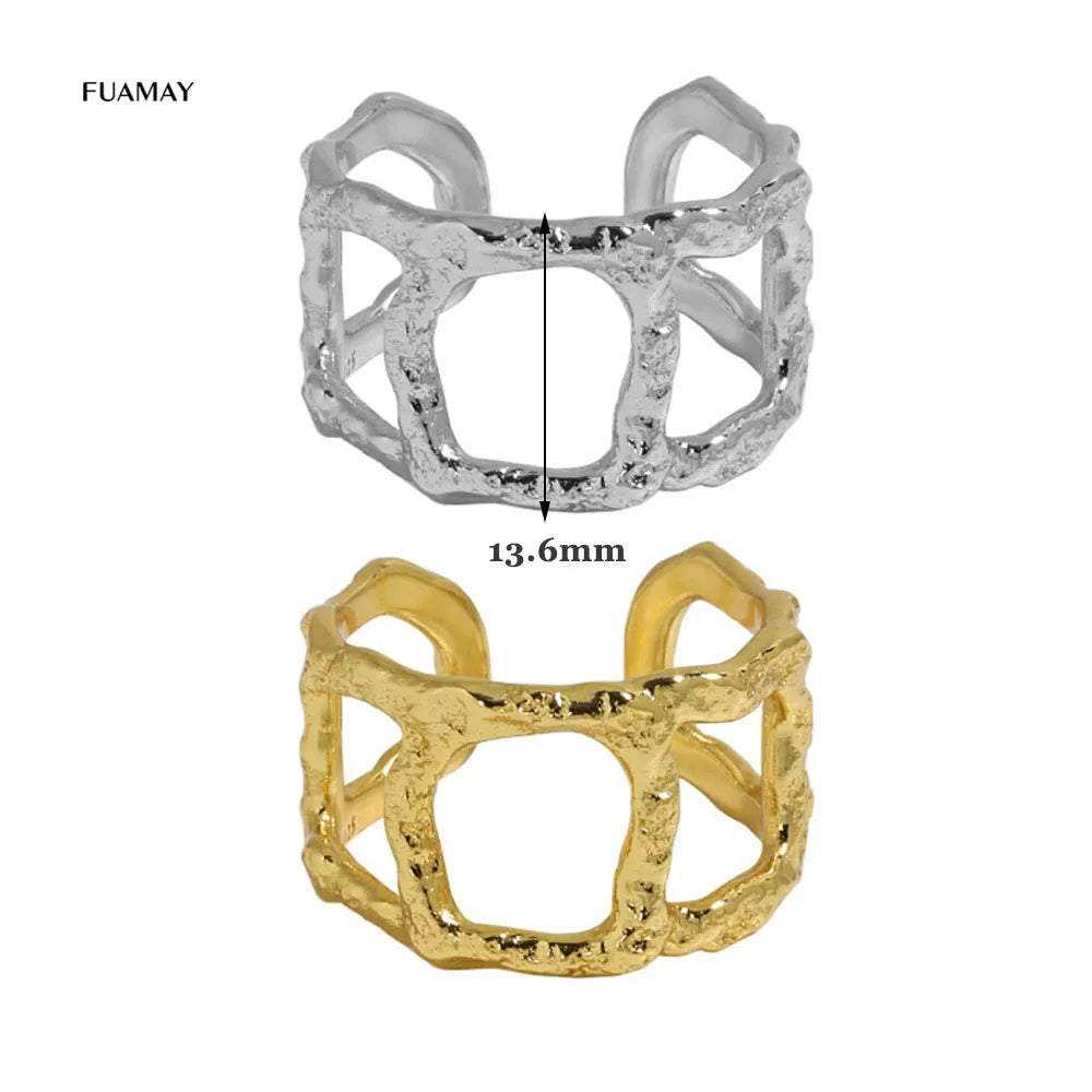 FUAMAY Classic Boho Chic Wedding Party Geometric Square Hollow Fence Rings Silver Women 925 Sterling