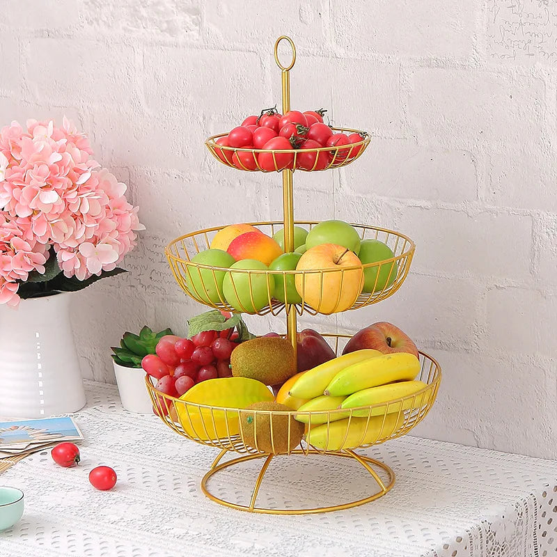 Creative Delicate New Storage Wire Layer Golden Stand Hanging Bowl 3 Tier Fruit Basket Iron