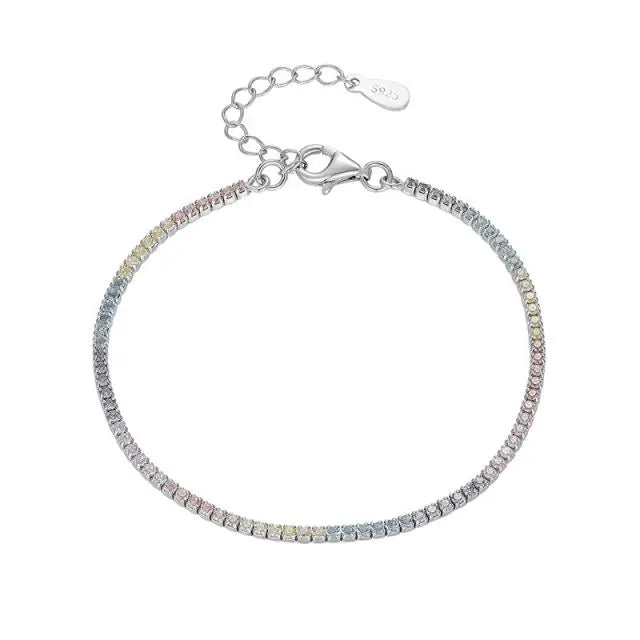 Trendy Thin Diamond Rainbow Tennis Bracelet Sterling Silver with Rhodium Plating for Party or Gift