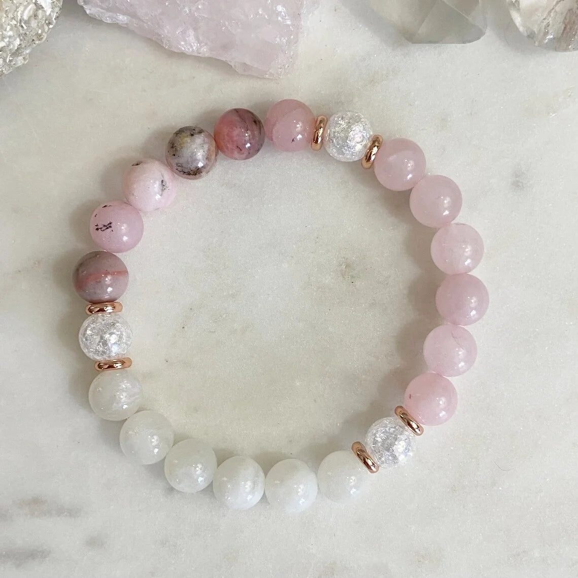 Moonstone Rose Quartz Pink Opal and Cracked Quartz Fertility and Conception Support 8mm Crystal Bracelet MegaBDM
