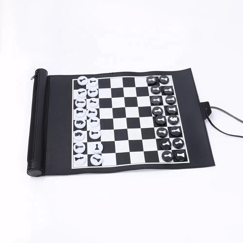 Online Outdoor Travel Bound Pu Leather Table Roll up Chess Board Chess Game Set