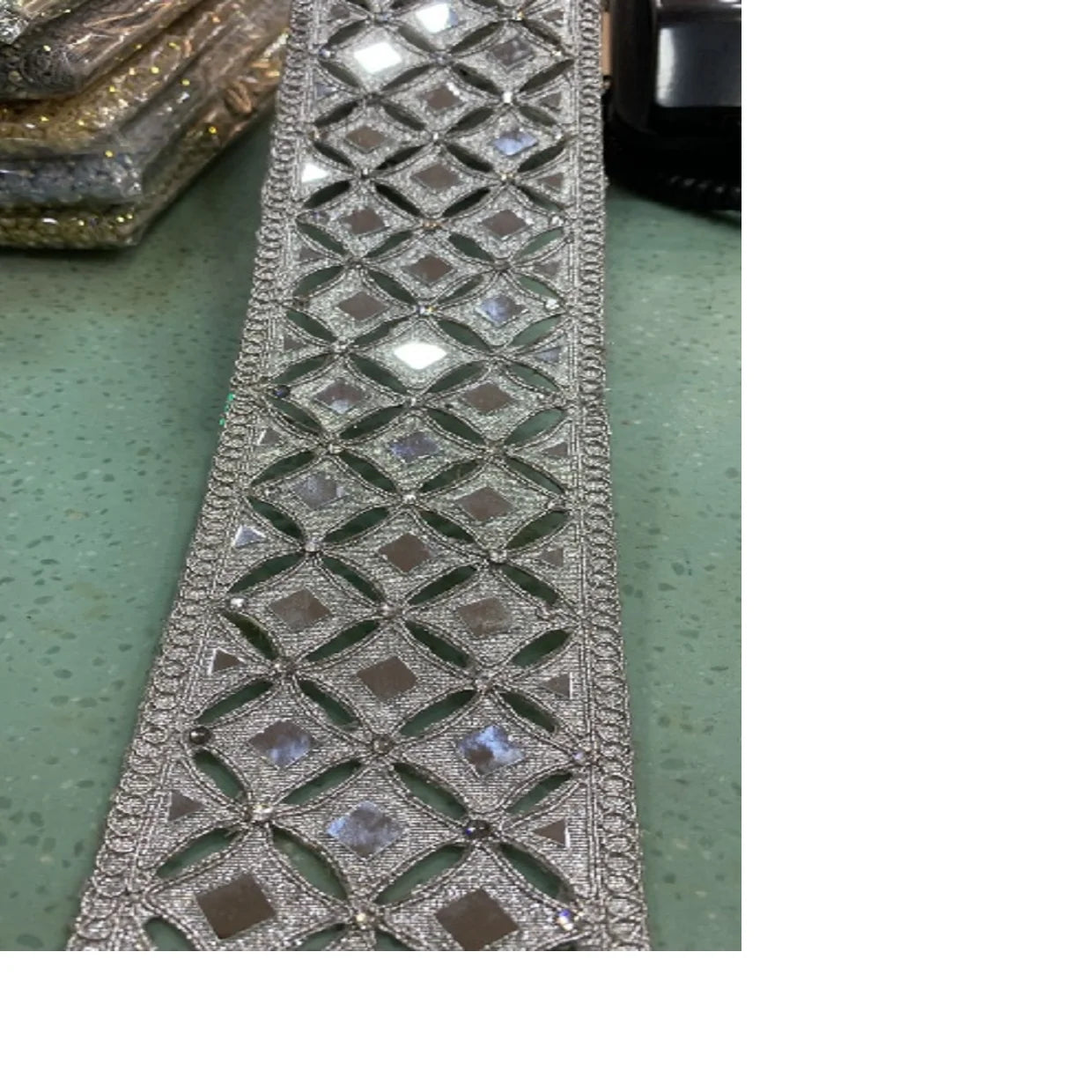Custom Made Eco-Friendly Embroidered Lace with Mirror Work Gold Thread Work 1 Inch Broad Organza Floral Pattern for Designers