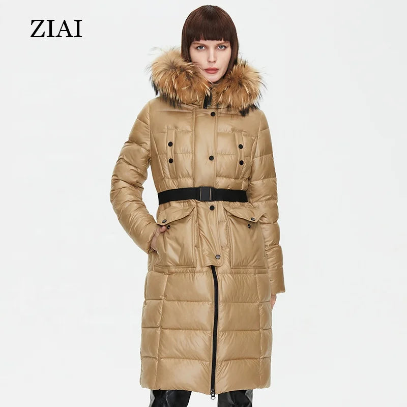 Winter Coats Women Puffer Jacket Warm Real Big Fur Hood Belt Puffer Coat Long Parka