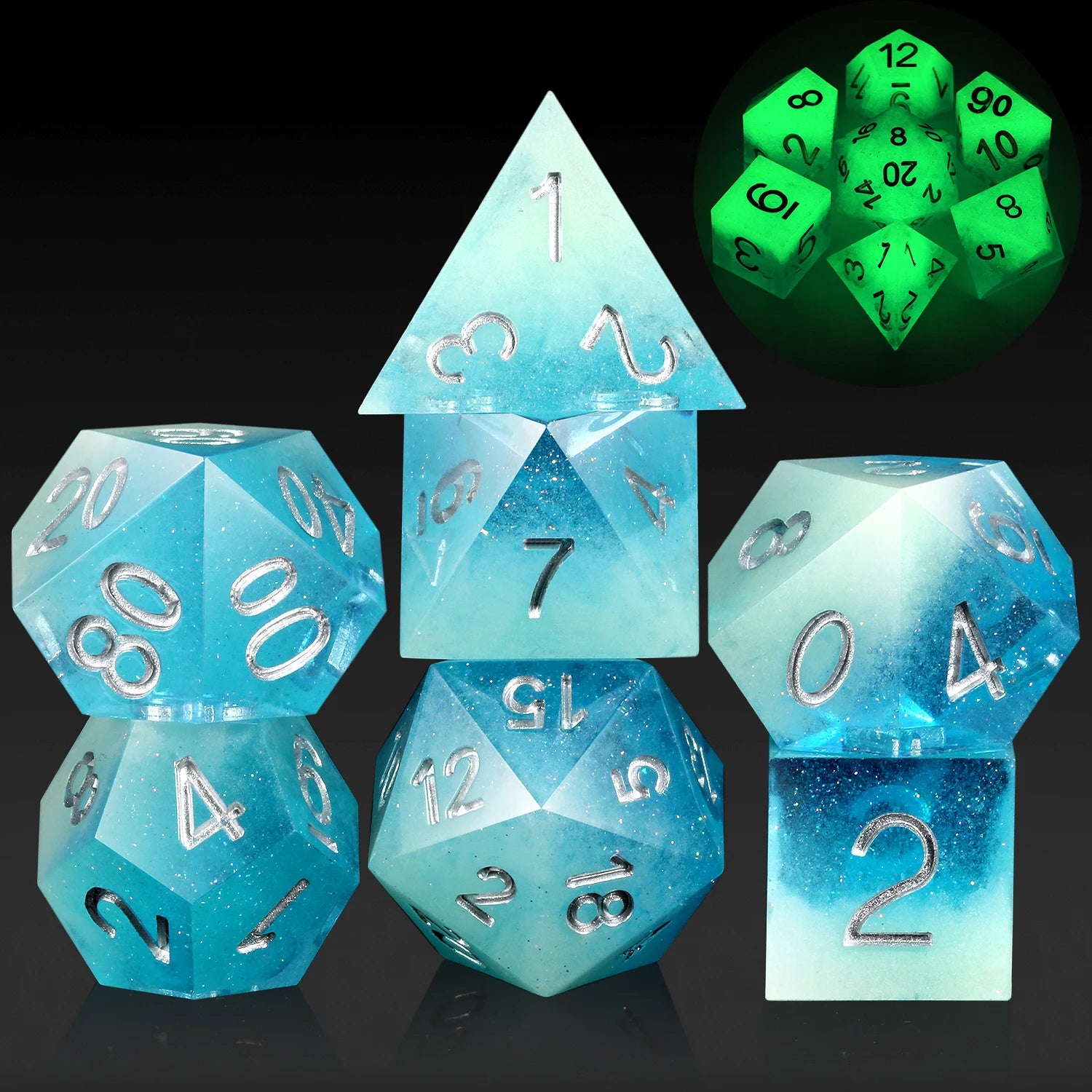 Wholesale Glow in the Dark Luminous Blue Sharp Edge Resin Dice Set Custom Polyhedral Square Metal Case DND Dice for TTRPG