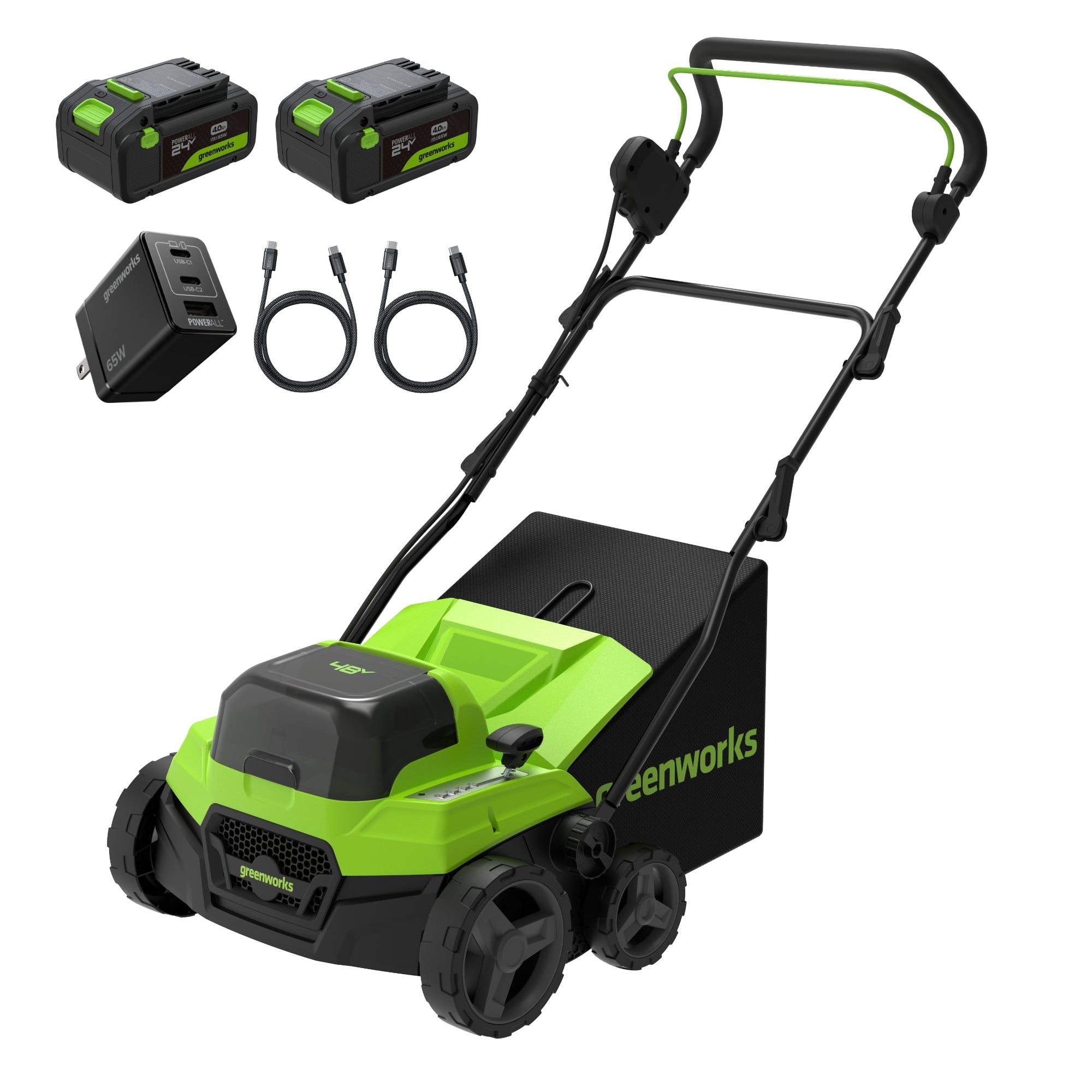 48V (24V x 2) 15" Cordless Battery Dethatcher/Scarifier: (2) 4.0Ah Batteries, (1) 65W Charger, (2) 100W Cables