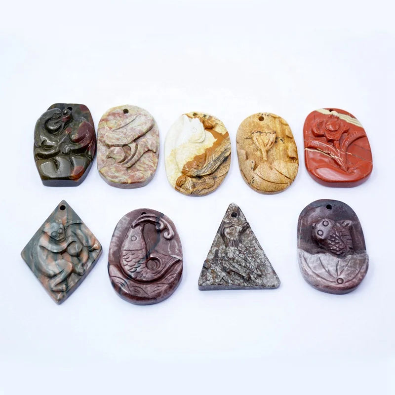 Unique Natural Gemstone Pendant Hand Carved Stone for Jewelry Making Picture jasper Agate Pyrite Boho Vintage Original Charms