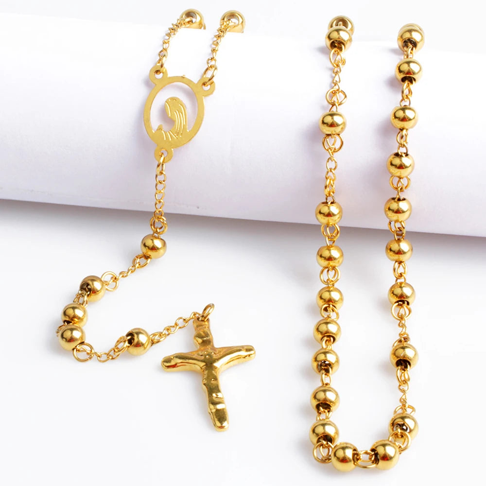 Stainless Steel Womans Prayer Necklace Christian Gold Plated Rosary Necklace