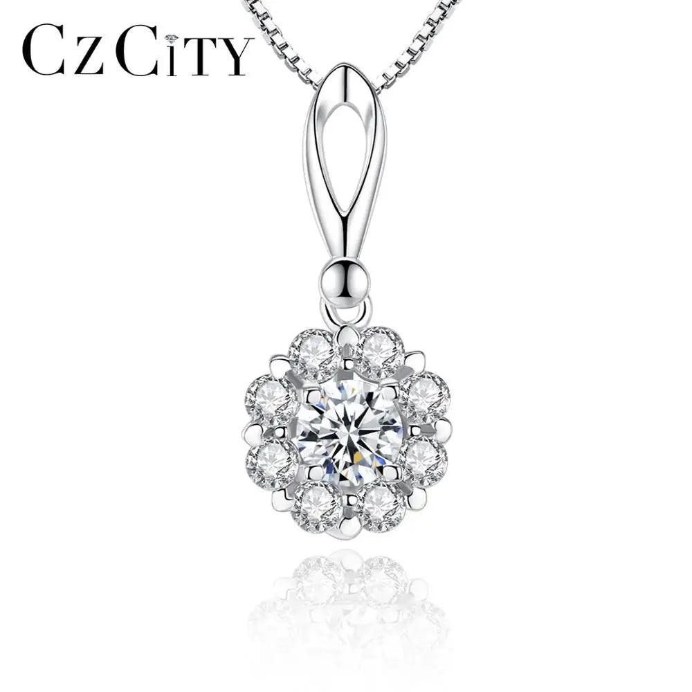 CZCITY Classic CZ Flower Sterling Silver Jewellery Pendant Necklace for Girls Wholesale Women Jewelry
