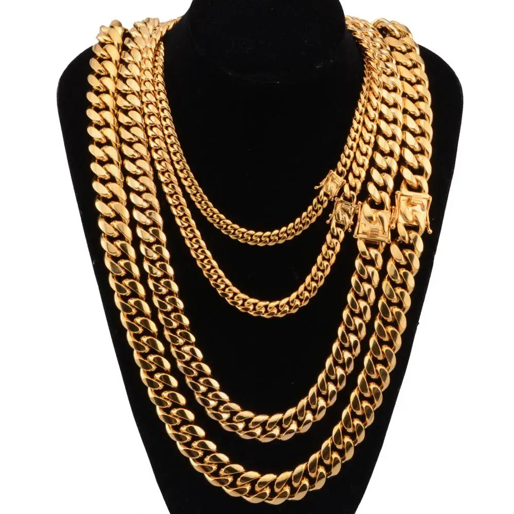 Custom Stainless Steel Jewelry Gold Plated Miami Cuban Link Bijouterie Hip Hop Necklace Men Punk Curb Chain Butterfly Clasp
