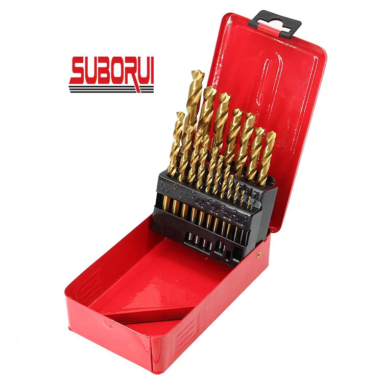 BORUI Tools Manufacturer 19pcs Titanium Coated Din338 HSS Steel Drill Bits Set for Metal Drilling in Metal Case