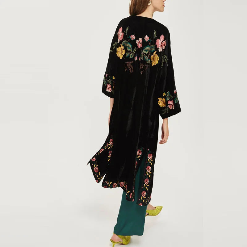 Wholesale Manufacturers Made Design Vestido Apparel Dress Embroidered Woman Floral Velour Long Plus Size Custom Kimonos