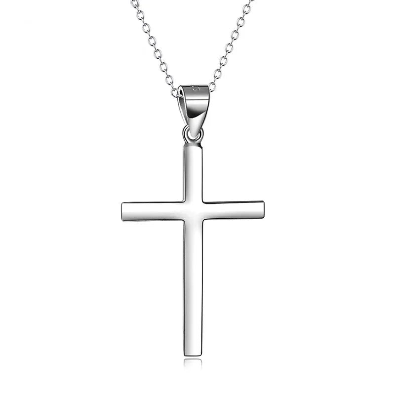 925 Sterling Silver Simple Design Glossy Christian Cross Pendant Necklace for Women Men