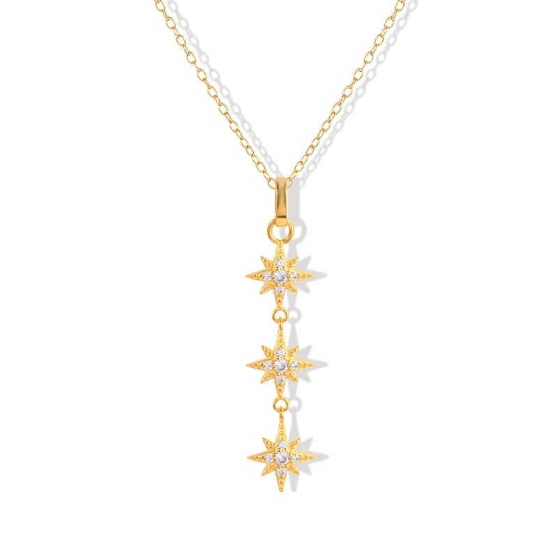 ROXI S925 Sterling Silver Long Tassel Three Eight-pointed Star Long Pendant Clavicle Chain Necklace