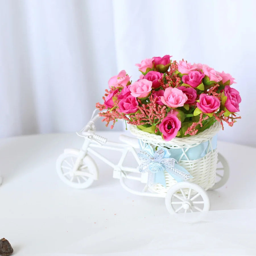 Hot Sale Mini Bonsai Plastic Plants Rose Flower Tricycle Decorative Bonsai Artificial Potted Plants for Weddings