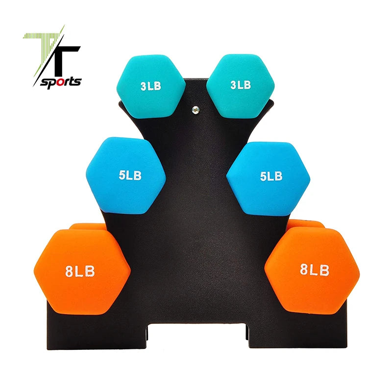TTSPORTS Customized Logo Home Gym Hex Neoprene Vinyl Cast Iron Dumbbells Set With Stand
