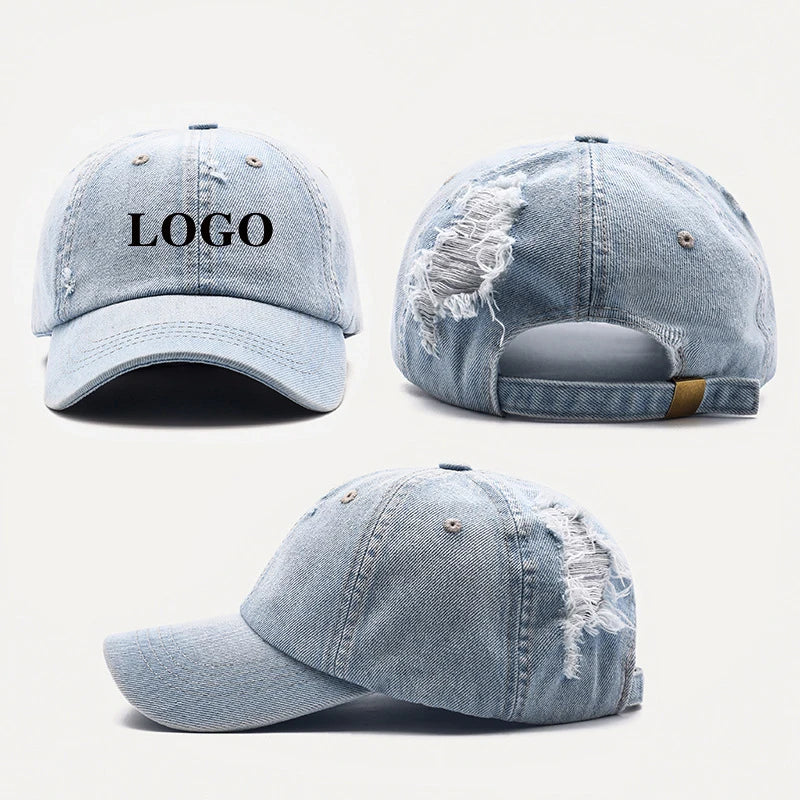 Free logo Design Ripped Jeans Vintage Baseball Cap Blue Denim Washed Distressed Ball Cap