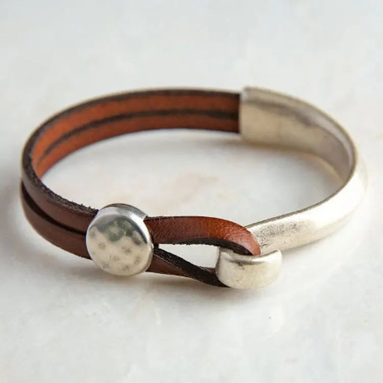 SC Hot Selling Men Antique Double Layer Leather Bracelet Cuff Bracelet Fashion Metal Hook Splice PU Leather Bracelets & Bangles