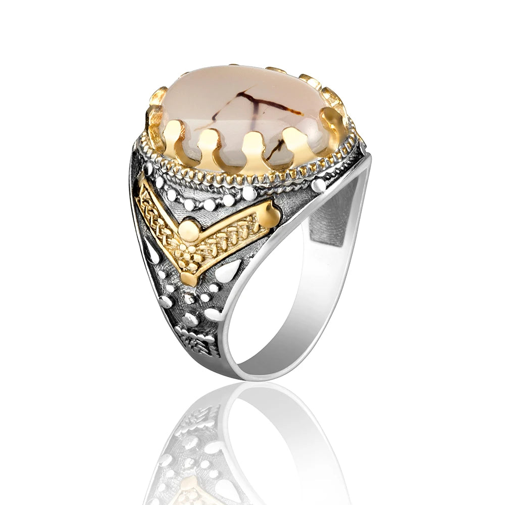 925 Sterling Silver White Agate Stone Turkish Men’s Ring – EU Local Stock