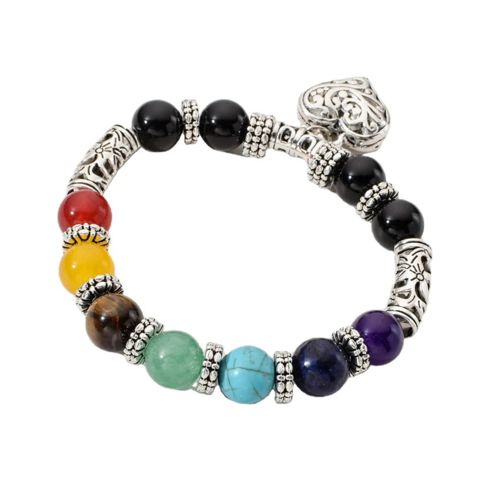 New Women 8mm Bracelets Bangles 7 Chakra Healing Balance Beads Heart Charm Bracelet for Female Reiki Prayer Stones Jewelry