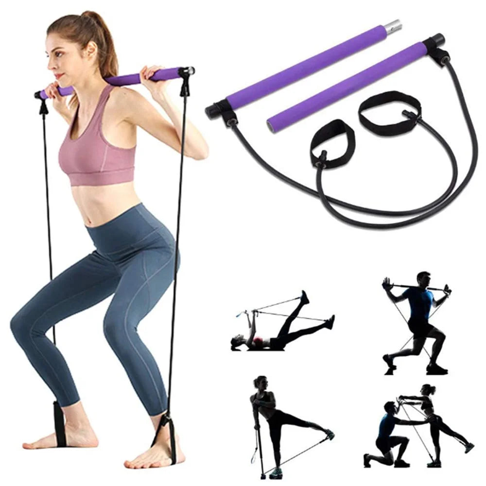 NQ SPORTS Portable Yoga Fitness Exercise Adjustable Pilates Stick Pilates bar Kit With  Long Resistance Bands