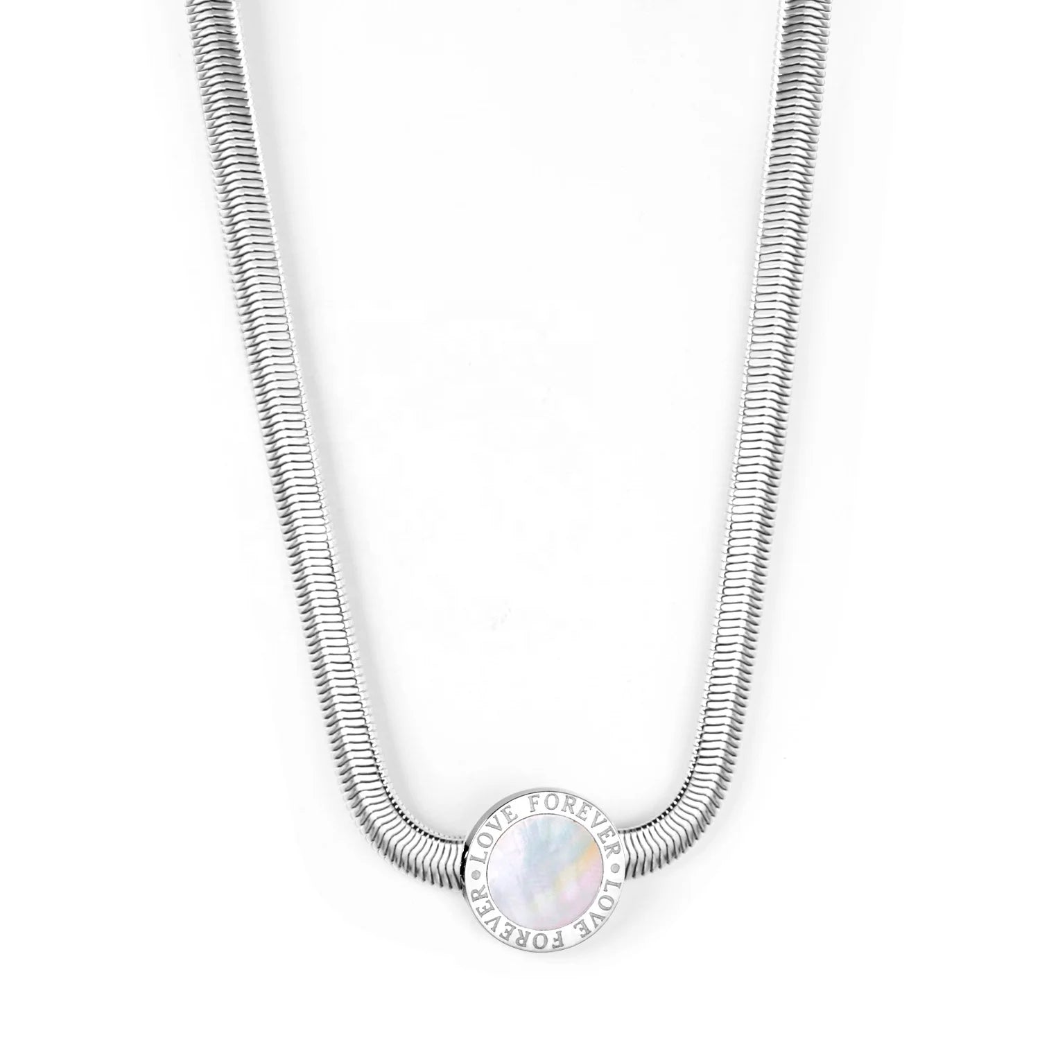 Stainless Steel Jewelry 18K Gold Plated Snake Chain Necklace Round Shell Pendant Engraved Letter Custom Necklace for Women