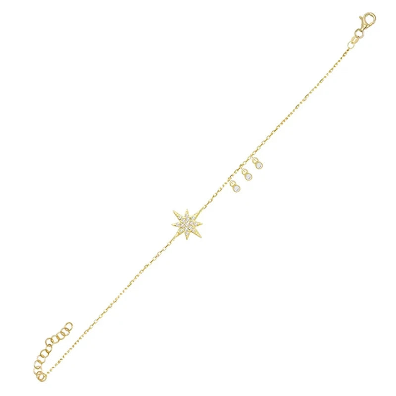 Pulsera Ajustable De Circonitas De Estrella De Ocho Puntas Con Dije De Oro Y Plata De 18 Quilates
