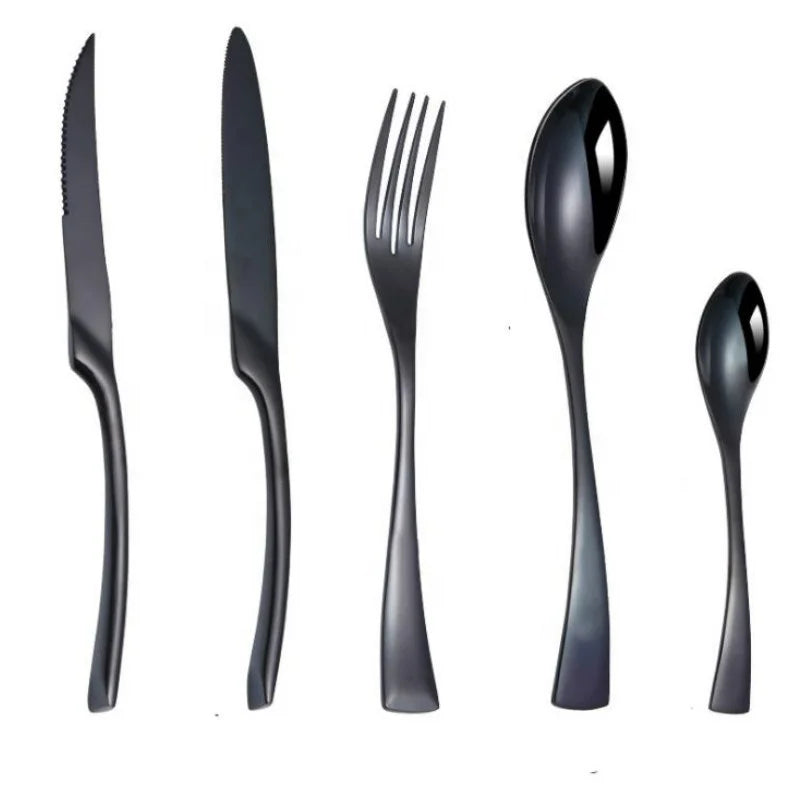 High-Grade Western Steak Knife and Fork Spoon Set Black Gold with Plastic Handle for French Food