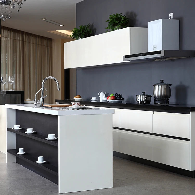 2022 New Design Foshan Factory Supply Custom Modular Modern High Gloss White Kitchen Cabinets Marble Laminate Resin Countertops MegaBDM