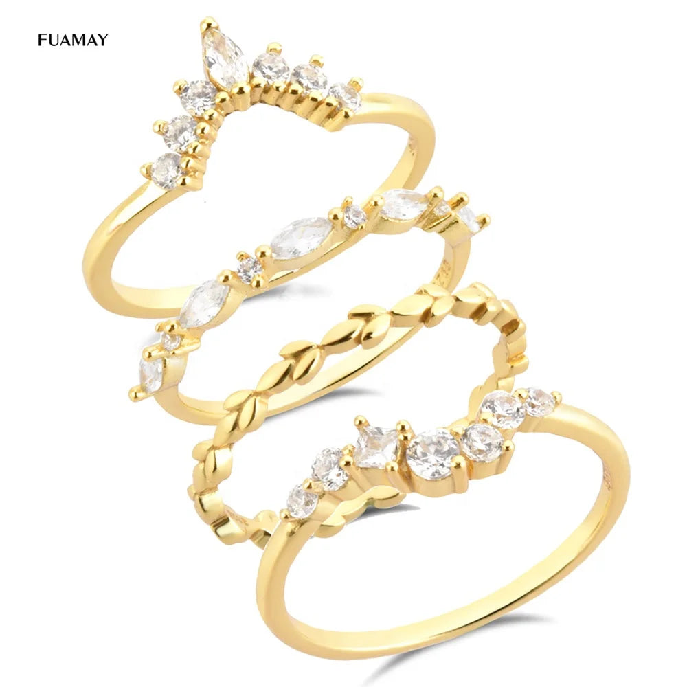 FUAMAY Unique Promise CZ Engagement Wedding Party Anniversary Curved Ring Minimalist Bohemian Pave Rings Set 18K Gold Plating
