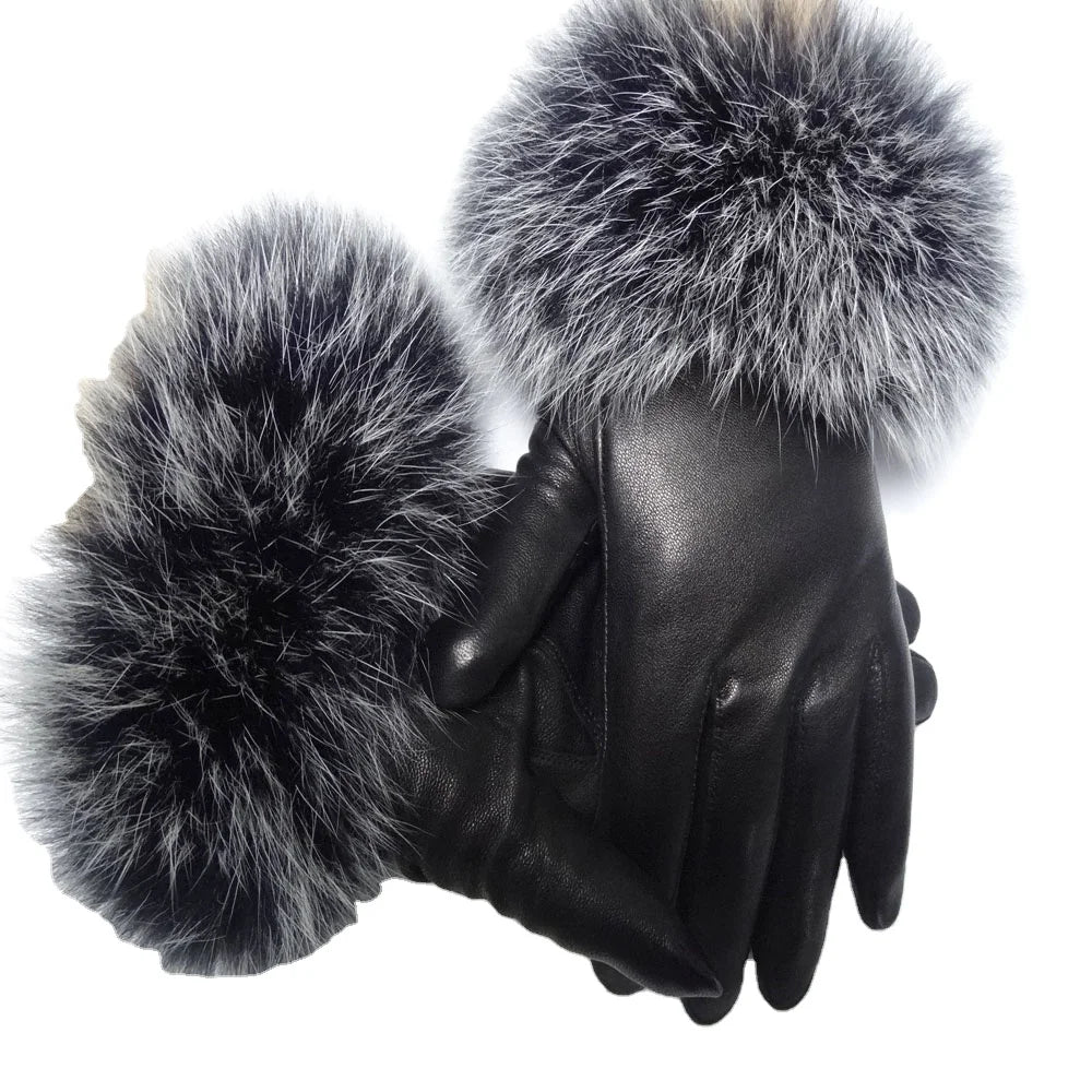 Sample Support 2026 Real Sheepskin Leather Motorbike Gloves Winter Wool Linen Fox Fur Gloves for Ladies Daily Outdoor Driving