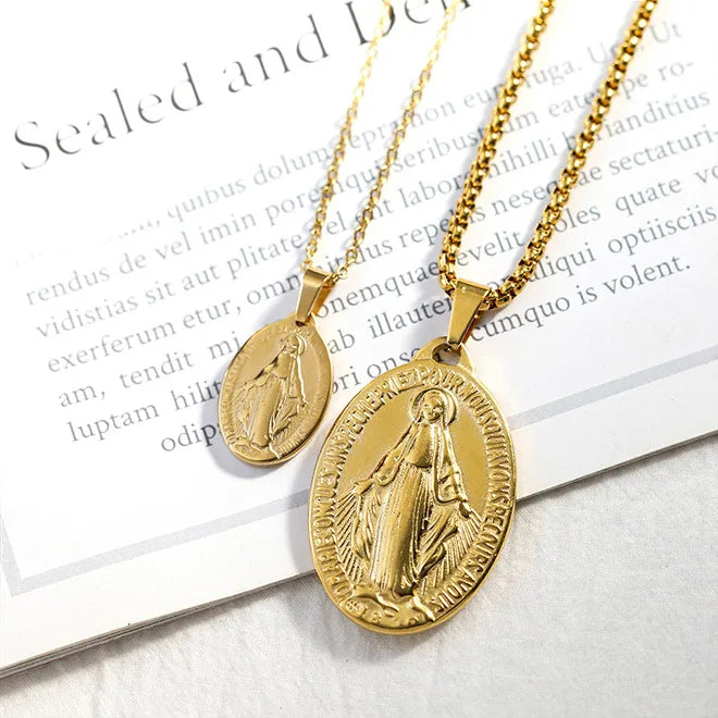 Wholesale Classic 18K Gold Plated Stainless Steel Madonna Virgin Mary Pendant Necklace Link Chain Zircon Imitation for Party