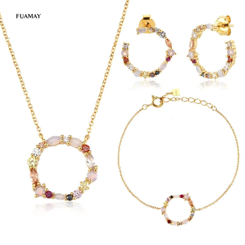 FUAMAY Flower Garland Bohemian Jewelry Sets 18K Gold Plated Big Geometric Circle Zircon Bracelets Earrings Necklace Gift Set