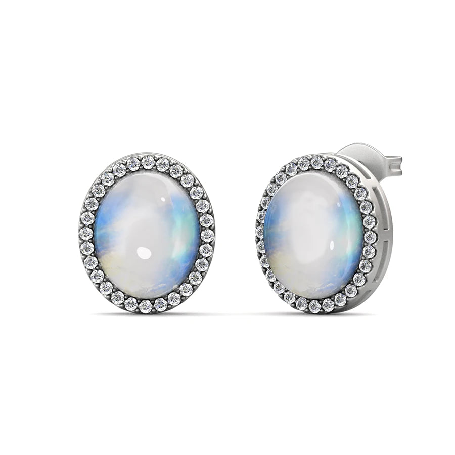 Retro Art Deco Jewelry Oval Shape Rainbow Moonstone Halo Stud Earrings for Women Destiny Jewellery
