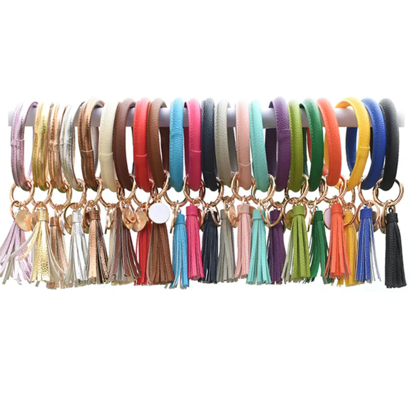 2025 New Fashion Big Round Key Chain Wristlet Keychain Bracelet Leather Keyring Bangle Tassel for Women Girls MegaBDM