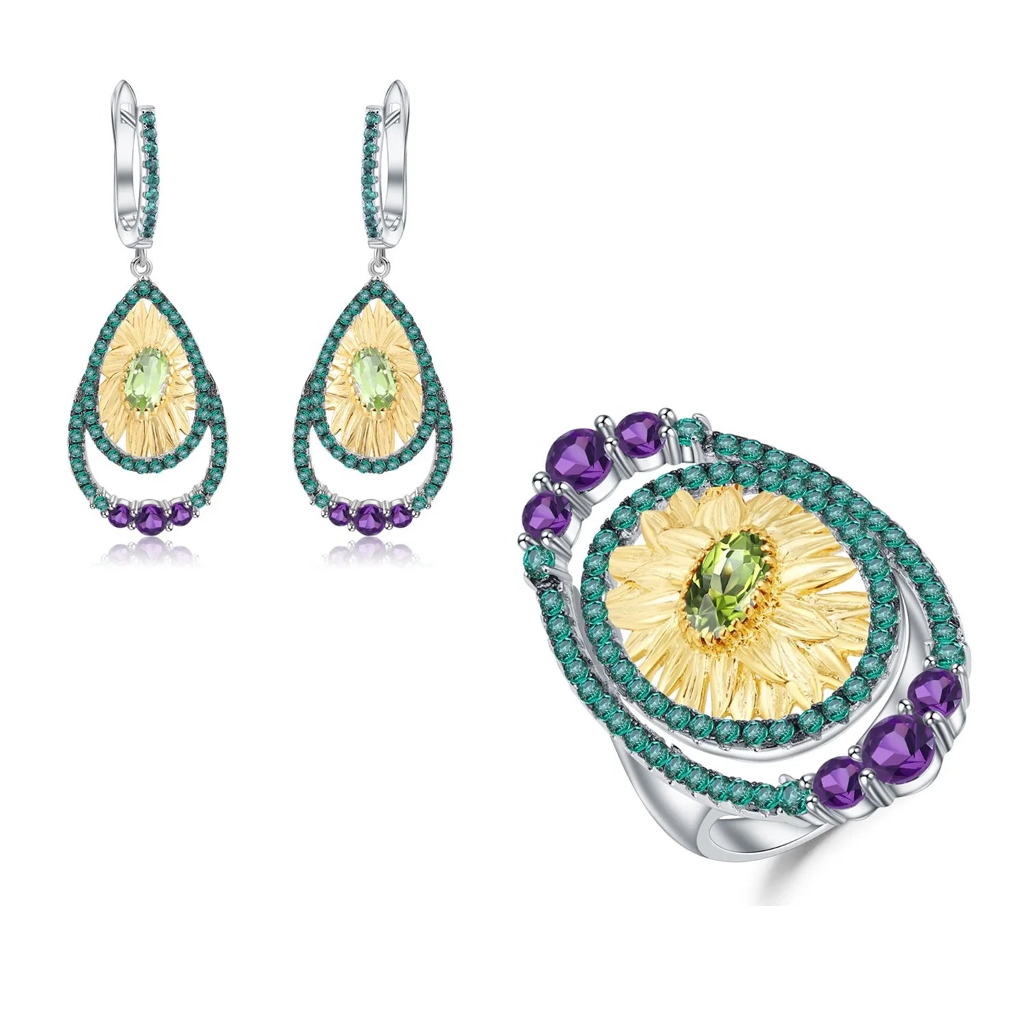 Abiding Hot Sale 925 Sterling Silver Jewelry Set Handmade Natural Peridot Ring Earring Sunflower Jewelry Set