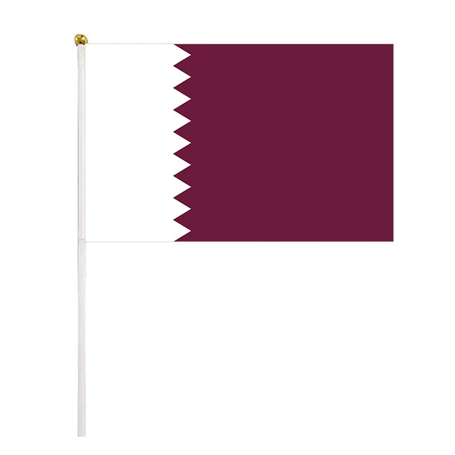 Custom Mini Hand Flag 21x14cm Polyester with Plastic Flagpole Digital Printed Qatar Hand Waving Flag