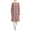 2022 New Modest Solid Color Button Front Long Sleeve Maxi Blouse Islamic Long Shirts Muslim Loose Tops for Women