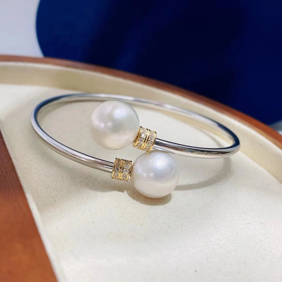 B313 11-12mm  925 Sterling Silver Gold Plated Wholesale Freshwater Pearl Charm Bracelet  Bangle Fancy Jewelry for Women